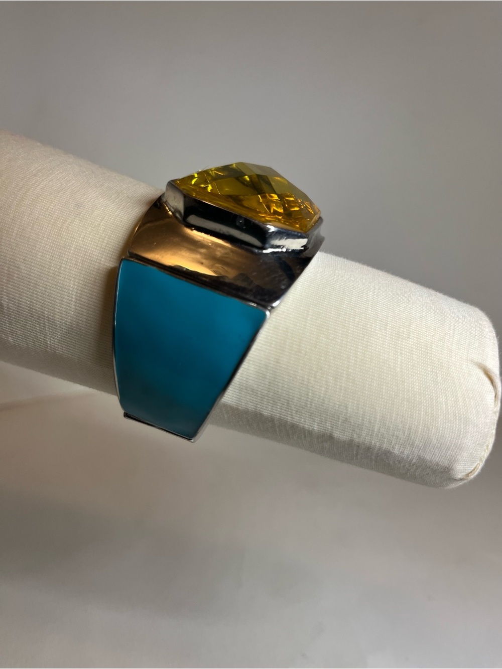 Vintage Silver Tone Citrine Crystal Blue Enamel Wide Statement Bracelet